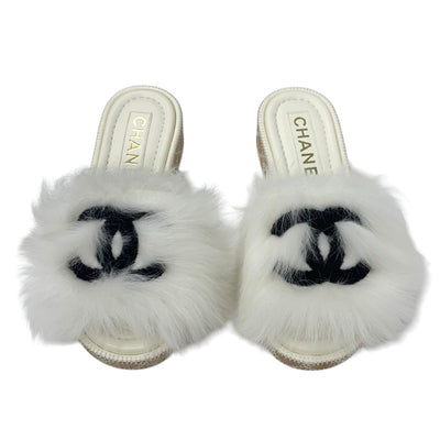 シャネル CHANEL サンダル 靴 シューズ ファー ホワイト ブラック ココマーク ミュール