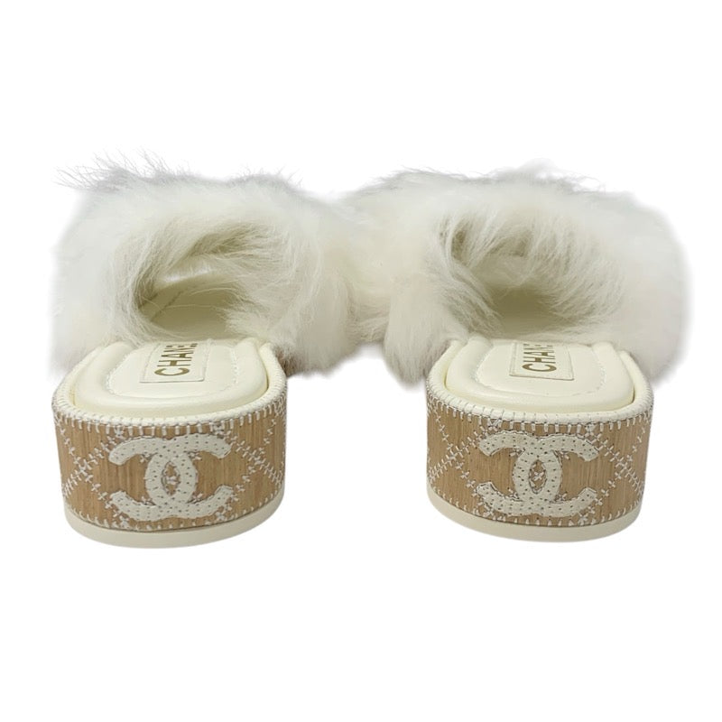 シャネル CHANEL サンダル 靴 シューズ ファー ホワイト ブラック ココマーク ミュール