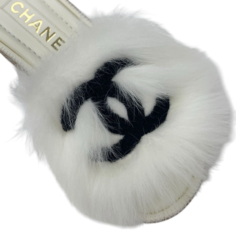 シャネル CHANEL サンダル 靴 シューズ ファー ホワイト ブラック ココマーク ミュール