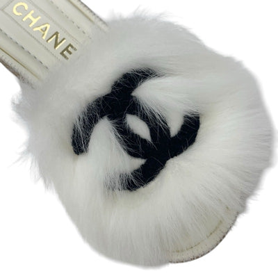 シャネル CHANEL サンダル 靴 シューズ ファー ホワイト ブラック ココマーク ミュール