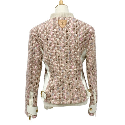 未使用 ルイヴィトン LOUIS VUITTON ツイード アウター ジャケット ジップアップ LVロゴ ウール ピンク ホワイト