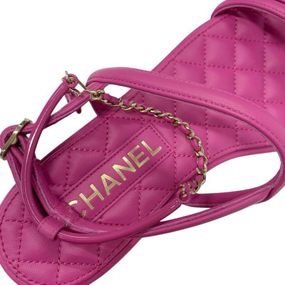 シャネル CHANEL サンダル 靴 シューズ レザー ピンク ゴールド マトラッセ ココマーク ハート チェーン ストラップ フラット