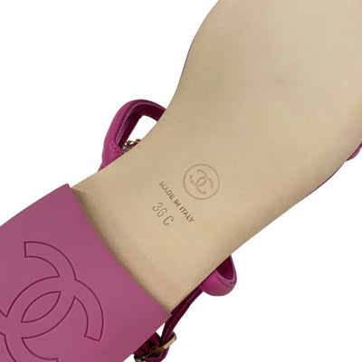 シャネル CHANEL サンダル 靴 シューズ レザー ピンク ゴールド マトラッセ ココマーク ハート チェーン ストラップ フラット