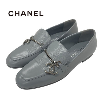 シャネル CHANEL ローファー 革靴 靴 シューズ レザー グレー シルバー チェーン ココマーク