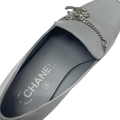 シャネル CHANEL ローファー 革靴 靴 シューズ レザー グレー シルバー チェーン ココマーク