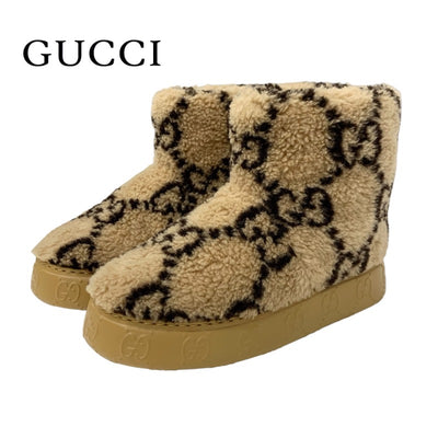 グッチ GUCCI ブーツ ショートブーツ 靴 シューズ ムートン ブラウン GGシグネチャー ボア 未使用