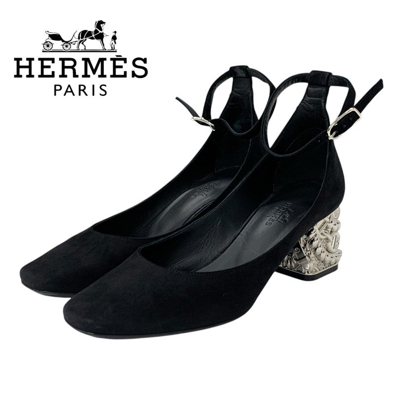 エルメス HERMES ガーリー パンプス 靴 シューズ スエード メタル ブラック シルバー 黒 シェーヌダンクル ストラップ メタルヒール