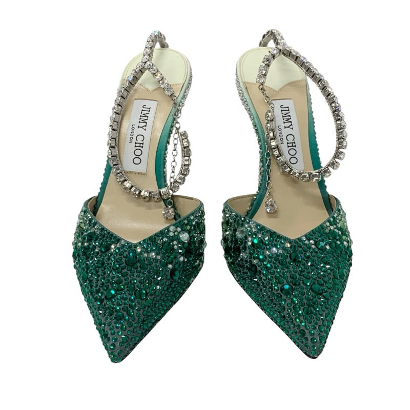 ジミーチュウ JIMMY CHOO SAEDA 100 パンプス 靴 シューズ サテン グリーン ラインストーン ビジュー グラデーション ストラップ
