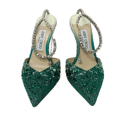 ジミーチュウ JIMMY CHOO SAEDA 100 パンプス 靴 シューズ サテン グリーン ラインストーン ビジュー グラデーション ストラップ