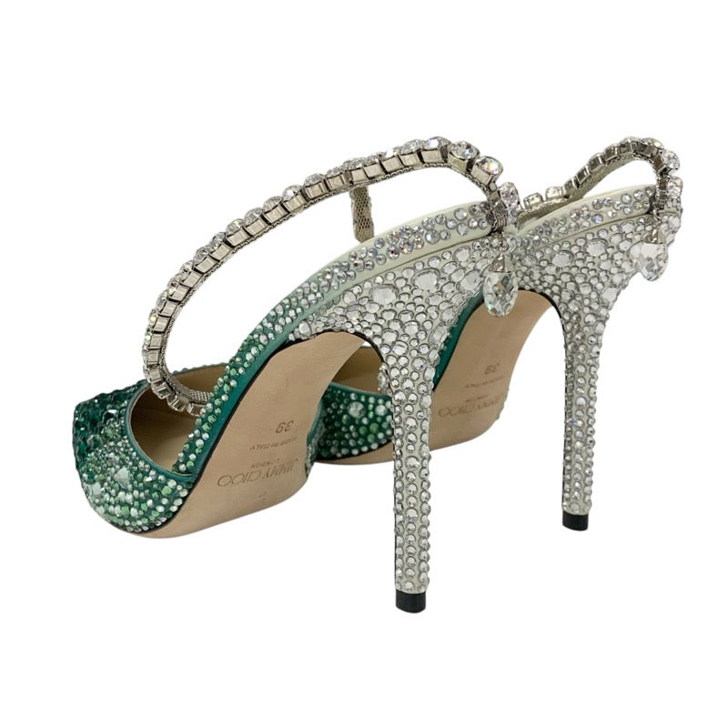 ジミーチュウ JIMMY CHOO SAEDA 100 パンプス 靴 シューズ サテン グリーン ラインストーン ビジュー グラデーション ストラップ