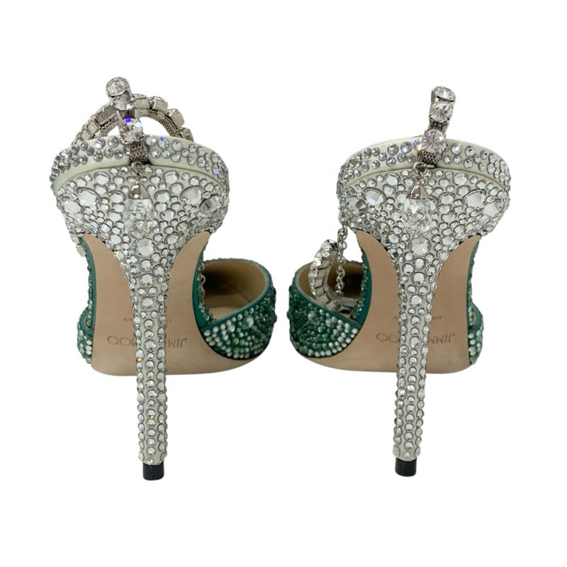 ジミーチュウ JIMMY CHOO SAEDA 100 パンプス 靴 シューズ サテン グリーン ラインストーン ビジュー グラデーション ストラップ