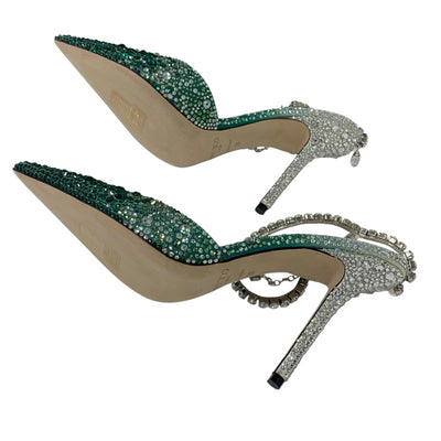 ジミーチュウ JIMMY CHOO SAEDA 100 パンプス 靴 シューズ サテン グリーン ラインストーン ビジュー グラデーション ストラップ