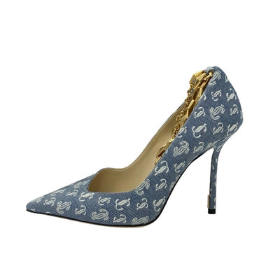 ジミーチュウ JIMMY CHOO DIAMOND TALURA パンプス 靴 シューズ デニム ブルー 未使用 ロゴ チェーン