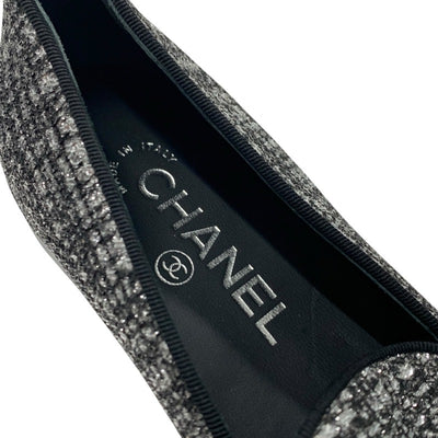 シャネル CHANEL フラットシューズ 靴 シューズ ファブリック レザー ブラック シルバー ココマーク ラメ ローファー オペラシューズ