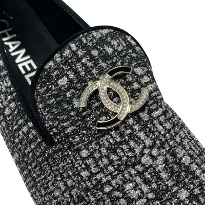 シャネル CHANEL フラットシューズ 靴 シューズ ファブリック レザー ブラック シルバー ココマーク ラメ ローファー オペラシューズ