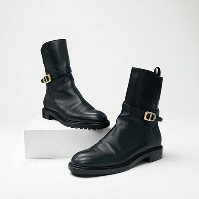 クリスチャンディオール CHRISTIAN DIOR ブーツ ショートブーツ 靴 シューズ レザー ブラック ゴールド ロゴ