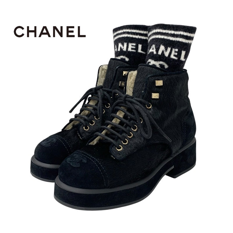 シャネル CHANEL ブーツ ショートブーツ 靴 シューズ ハラコ スエード ムートン ブラック 黒 ココマーク レースアップ