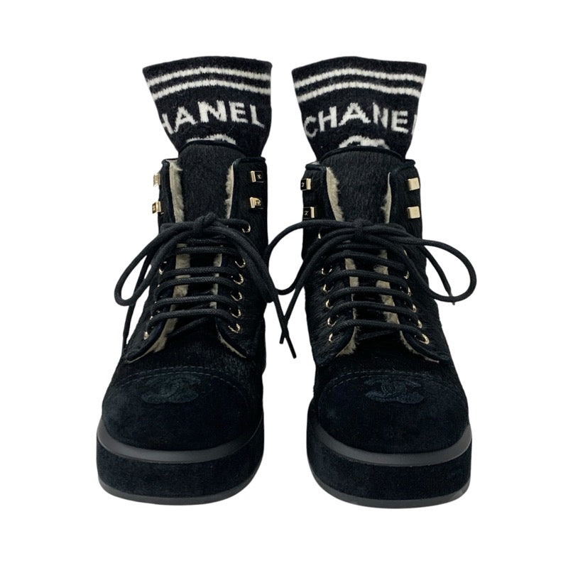 シャネル CHANEL ブーツ ショートブーツ 靴 シューズ ハラコ スエード ムートン ブラック 黒 ココマーク レースアップ