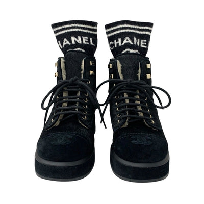 シャネル CHANEL ブーツ ショートブーツ 靴 シューズ ハラコ スエード ムートン ブラック 黒 ココマーク レースアップ