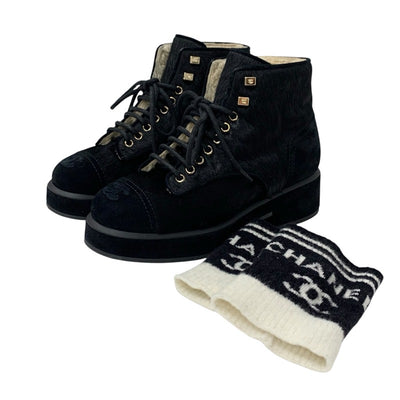 シャネル CHANEL ブーツ ショートブーツ 靴 シューズ ハラコ スエード ムートン ブラック 黒 ココマーク レースアップ