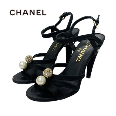 シャネル CHANEL サンダル 靴 シューズ ファブリック ブラック 黒 ゴールド ココマーク パール ラインストーン ボール バックストラップ