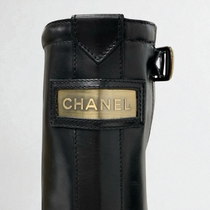 シャネル CHANEL ブーツ ロングブーツ 靴 シューズ レザー パテント ブラック ゴールド ロゴ