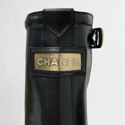 シャネル CHANEL ブーツ ロングブーツ 靴 シューズ レザー パテント ブラック ゴールド ロゴ