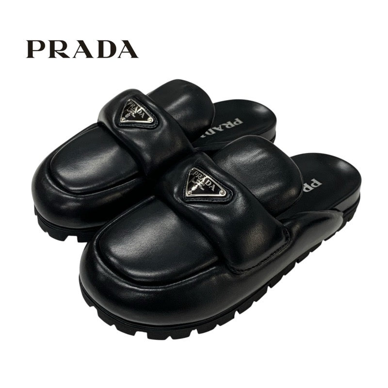 プラダ PRADA サンダル 靴 シューズ レザー ブラック 黒 トライアングルロゴ パデッドナッパ サボ ミュール