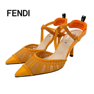 フェンディ FENDI コリブリ パンプス 靴 シューズ ファブリック レザー オレンジ スリングバック ストラップ メッシュ