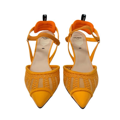 フェンディ FENDI コリブリ パンプス 靴 シューズ ファブリック レザー オレンジ スリングバック ストラップ メッシュ