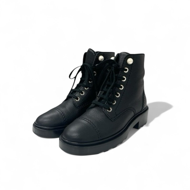 シャネル CHANEL ブーツ ショートブーツ 靴 シューズ レザー ブラック 黒 ココマーク パール レースアップ
