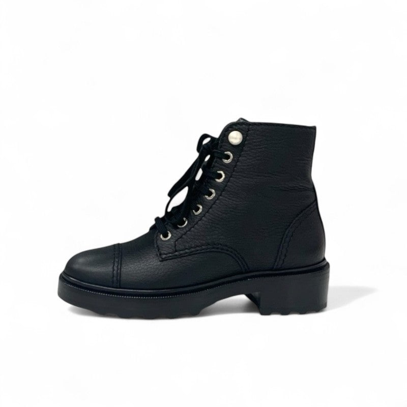 シャネル CHANEL ブーツ ショートブーツ 靴 シューズ レザー ブラック 黒 ココマーク パール レースアップ