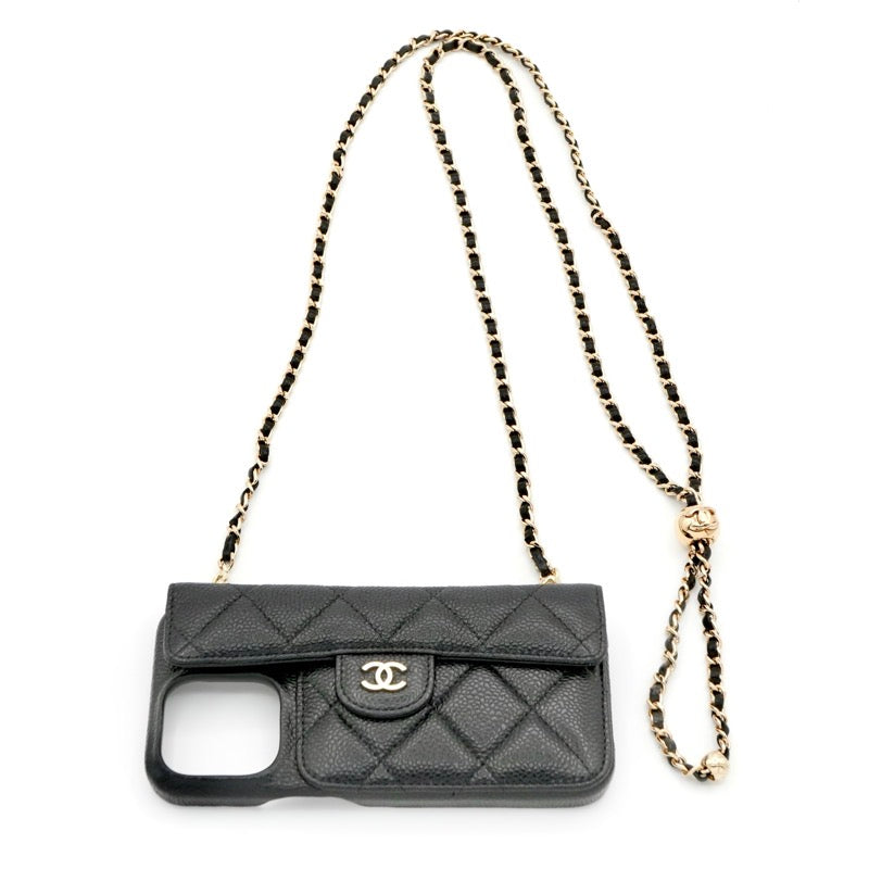 シャネル CHANEL 携帯・スマホアクセサリー ブラック ゴールド ココマーク マトラッセ iPhone14promax iPhoneケース チェーン