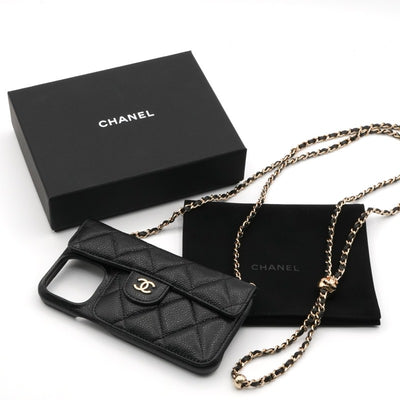 シャネル CHANEL 携帯・スマホアクセサリー ブラック ゴールド ココマーク マトラッセ iPhone14promax iPhoneケース チェーン