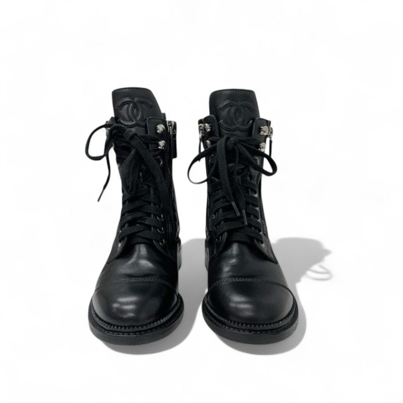 シャネル CHANEL ブーツ ショートブーツ 靴 シューズ レザー ブラック 黒 マトラッセ レースアップ ココマーク