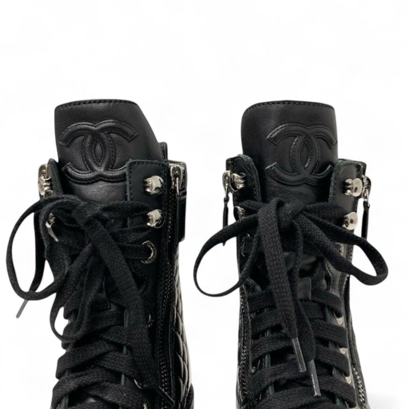 シャネル CHANEL ブーツ ショートブーツ 靴 シューズ レザー ブラック 黒 マトラッセ レースアップ ココマーク