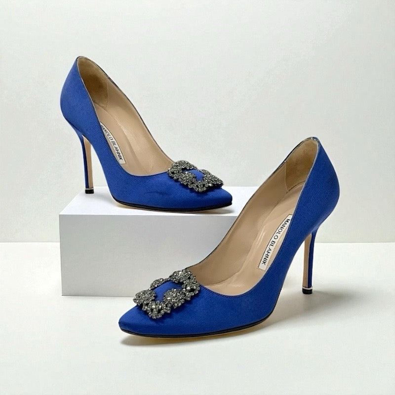 マノロブラニク MANOLO BLAHNIK ハンギシ パンプス 靴 シューズ サテン ブルー シルバー ビジュー パーティーシューズ