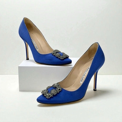 マノロブラニク MANOLO BLAHNIK ハンギシ パンプス 靴 シューズ サテン ブルー シルバー ビジュー パーティーシューズ