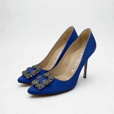 マノロブラニク MANOLO BLAHNIK ハンギシ パンプス 靴 シューズ サテン ブルー シルバー ビジュー パーティーシューズ