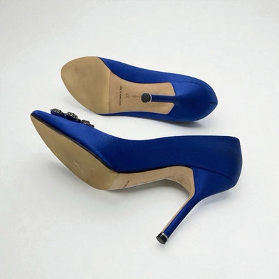マノロブラニク MANOLO BLAHNIK ハンギシ パンプス 靴 シューズ サテン ブルー シルバー ビジュー パーティーシューズ