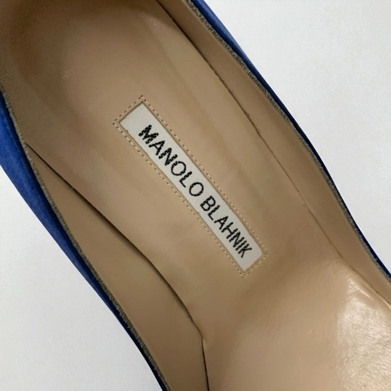 マノロブラニク MANOLO BLAHNIK ハンギシ パンプス 靴 シューズ サテン ブルー シルバー ビジュー パーティーシューズ