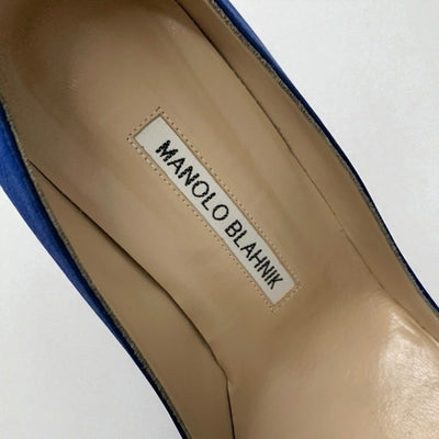 マノロブラニク MANOLO BLAHNIK ハンギシ パンプス 靴 シューズ サテン ブルー シルバー ビジュー パーティーシューズ