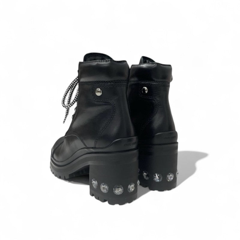 ミュウミュウ MIUMIU ブーツ ショートブーツ 靴 シューズ レザー ブラック 黒 レースアップ ビジュー