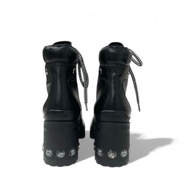 ミュウミュウ MIUMIU ブーツ ショートブーツ 靴 シューズ レザー ブラック 黒 レースアップ ビジュー