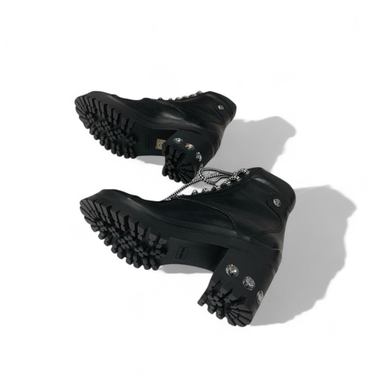 ミュウミュウ MIUMIU ブーツ ショートブーツ 靴 シューズ レザー ブラック 黒 レースアップ ビジュー