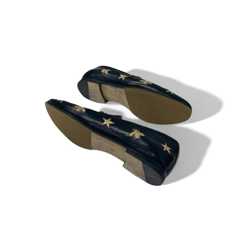 グッチ GUCCI ローファー 革靴 靴 シューズ レザー ブラック ゴールド ホースビット スター Bee 刺繍 フラットシューズ