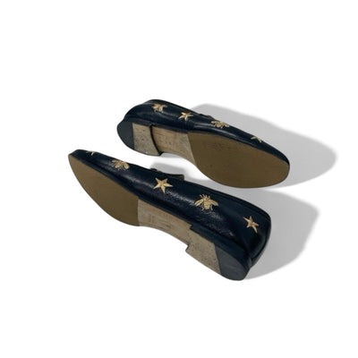 グッチ GUCCI ローファー 革靴 靴 シューズ レザー ブラック ゴールド ホースビット スター Bee 刺繍 フラットシューズ