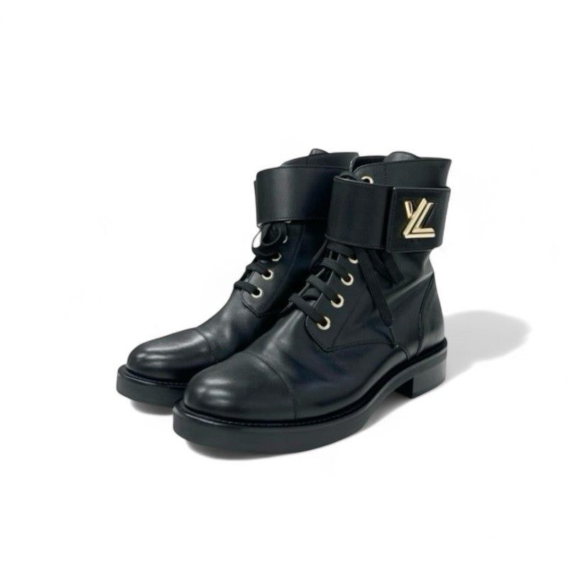 ルイヴィトン LOUIS VUITTON ワンダーランドライン ブーツ ショートブーツ 靴 シューズ レザー ブラック 黒 ゴールド アンクルブーツ レースアップ LV金具 ベルト