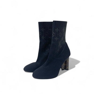 ルイヴィトン LOUIS VUITTON シルエットライン モノグラム ブーツ ショートブーツ 靴 シューズ ファブリック レザー ブラック ブラウン アンクルブーツ ニット ソックスブーツ