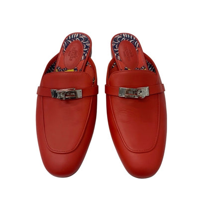 エルメス HERMES オズ フラットシューズ 靴 シューズ レザー レッド シルバー ケリー金具 ミュール
